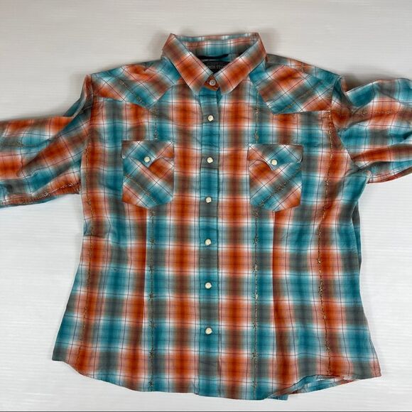 Roughstock Panhandle Slim Shirt Barbed Wire Western Women's XL Snap Up Red Blue - Picture 2 of 7